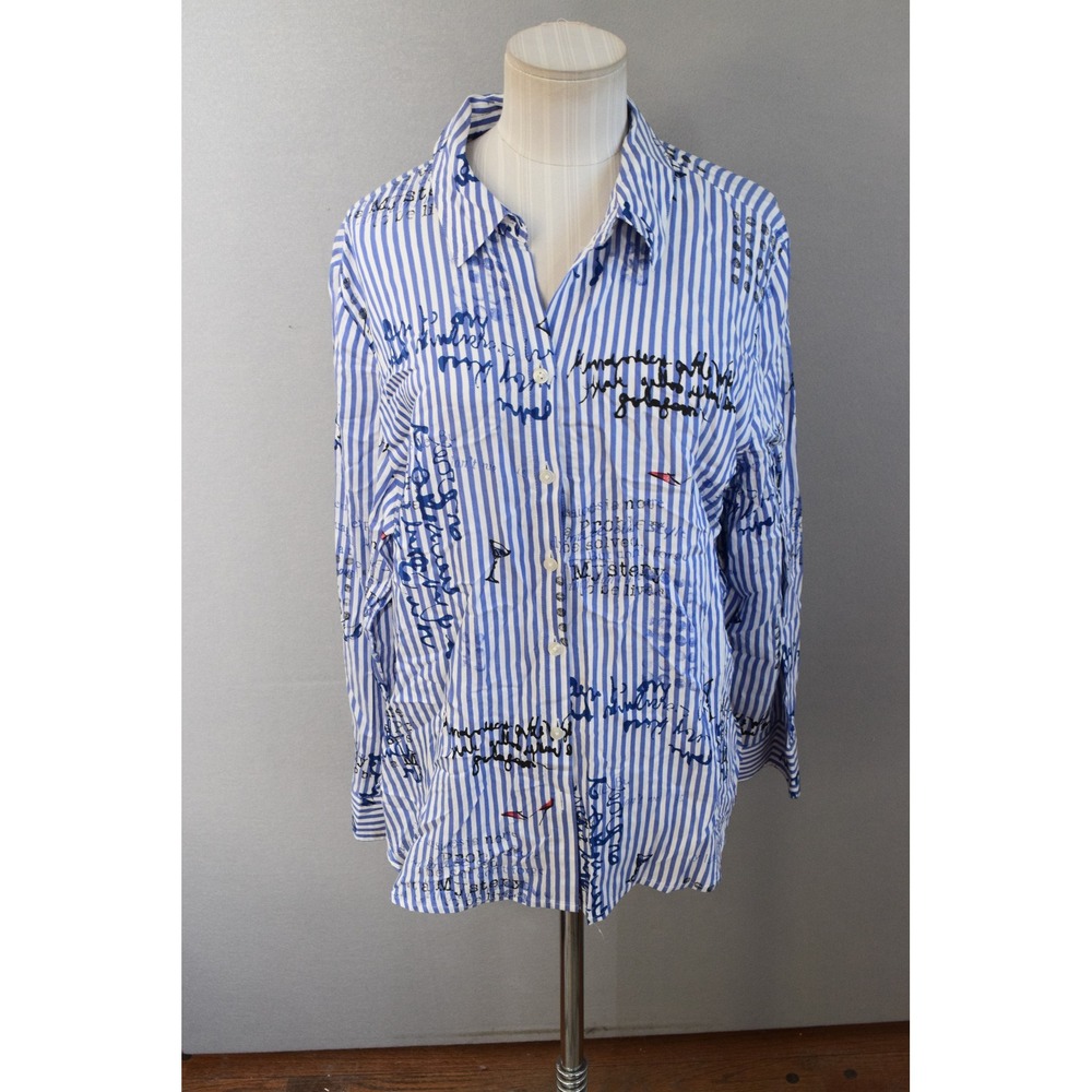 Chico's Button Down Shirt 2 12 Blue White Striped Script Graphic Women Art Wear